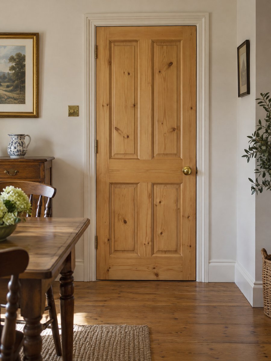 Natural pine four-panel internal door in a traditional dining room