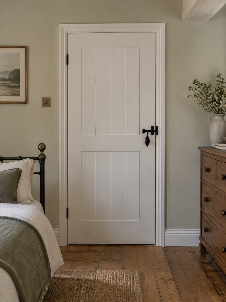 White ledged cottage-style internal door with black thumb latch in a bedroom
